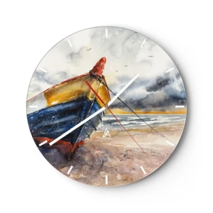 Reloj de pared - Reloj de vidrio - Un barco colorido en una playa de arena en estilo pictórico. - 30x30cm - Descansando en la orilla - Decoración de pared moderna para salón, cocina y dormitorio ARTTOR