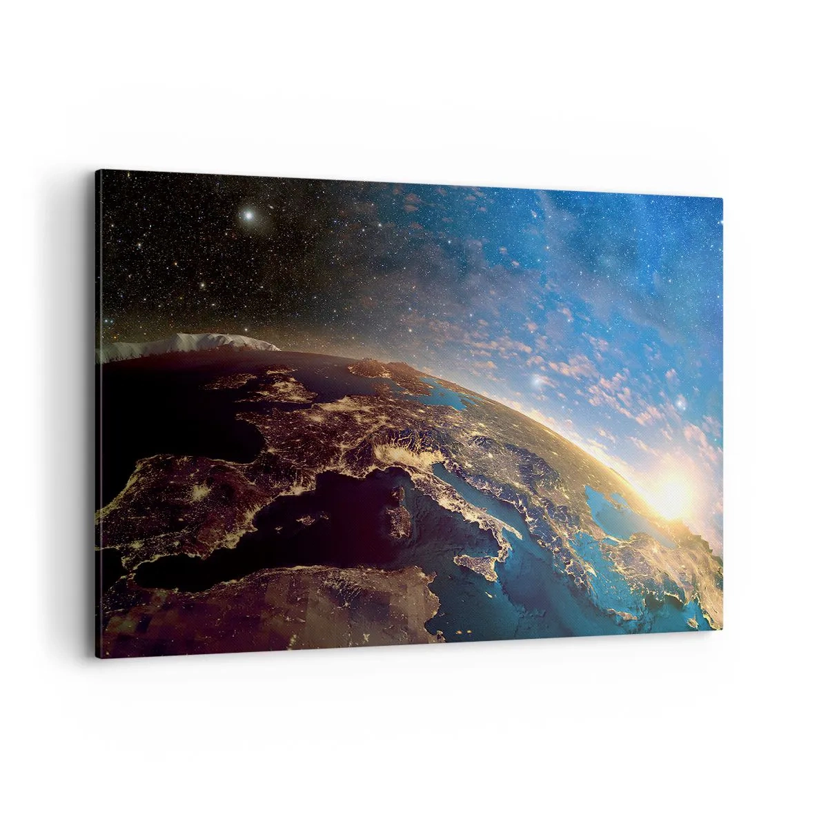Cuadro sobre lienzo - Impresión de Imagen - Vista de la Tierra desde el espacio al amanecer - 120x80cm - Mirémonos a nosotros mismos desde la distancia - Decoración de pared moderna para salón y dormitorio ARTTOR