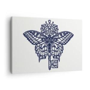 Cuadro sobre lienzo - Impresión de Imagen - Elegante gráfico de mariposa y llave en un estilo minimalista. - 70x50cm - Todos los secretos del corazón - Decoración de pared moderna para salón y dormitorio ARTTOR