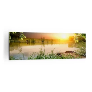 Cuadro sobre lienzo - Impresión de Imagen - Paisaje verde con un lago al atardecer - 160x50cm - Paisaje en un marco verde - Decoración de pared moderna para salón y dormitorio ARTTOR