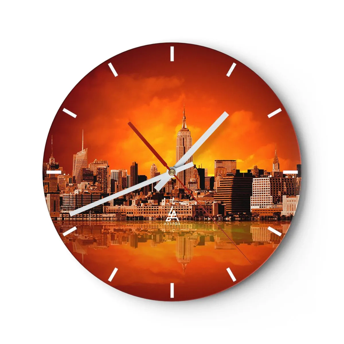 Reloj de pared - Reloj de vidrio - Panorama de la ciudad al atardecer con reflejo en el agua. - 30x30cm - Un panorama de la ciudad en amarillo y marrón - Decoración de pared moderna para salón, cocina y dormitorio ARTTOR