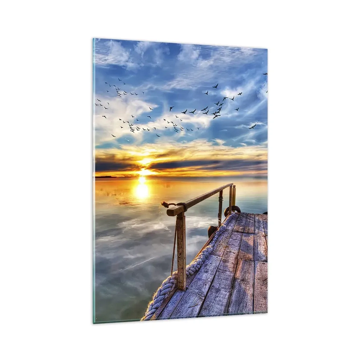 Cuadro sobre vidrio - Impresiones sobre Vidrio - Muelle de madera sobre el lago al atardecer - 80x120cm - El viento se va a descansar - Decoración de pared moderna para salón y dormitorio ARTTOR