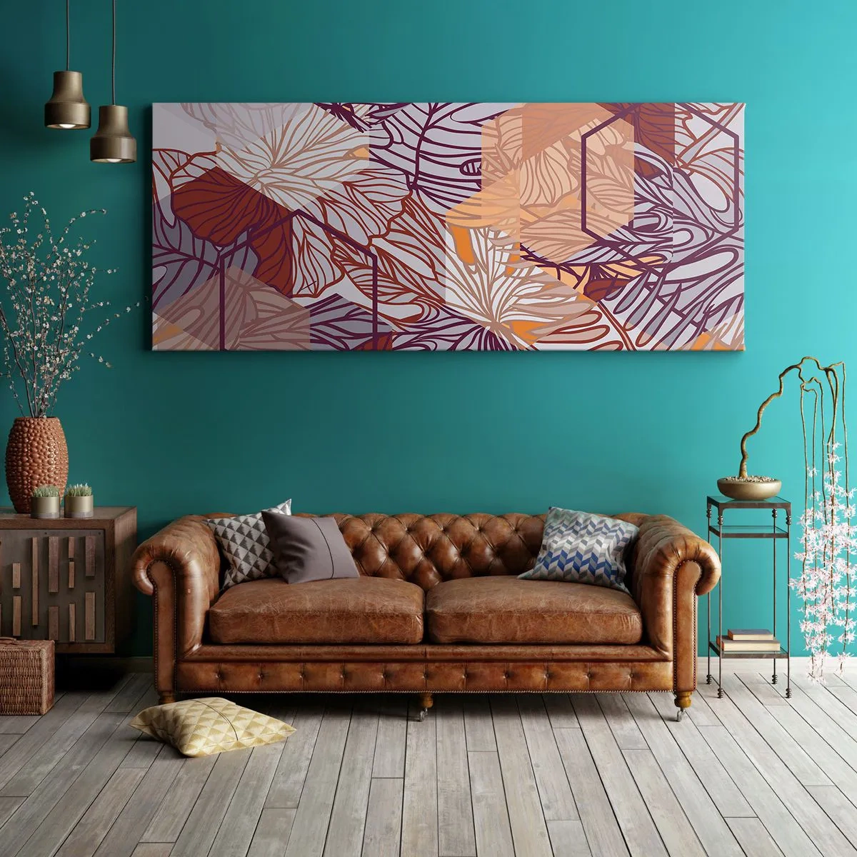 Cuadro sobre lienzo - Impresión de Imagen - Un patrón decorativo de hojas tropicales en tonos morado, naranja y beige. - 140x50cm - La unión imposible de la geometría y la naturaleza - Decoración de pared moderna para salón y dormitorio ARTTOR