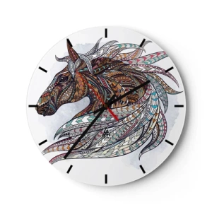 Reloj de pared - Reloj de vidrio - Caballo colorido en estilo geométrico sobre fondo blanco. - 30x30cm - El corcel de un guerrero celta - Decoración de pared moderna para salón, cocina y dormitorio ARTTOR