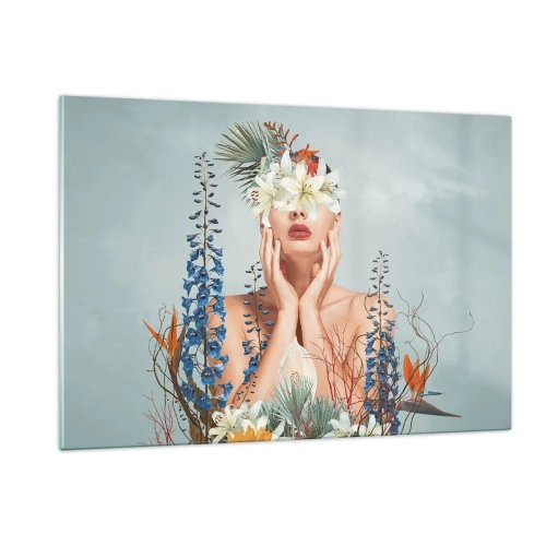 Cuadro sobre vidrio - Impresiones sobre Vidrio - Figura de una mujer con una corona de flores y un arreglo floral. - 120x80cm - Mujer-flor - Decoración de pared moderna para salón y dormitorio ARTTOR