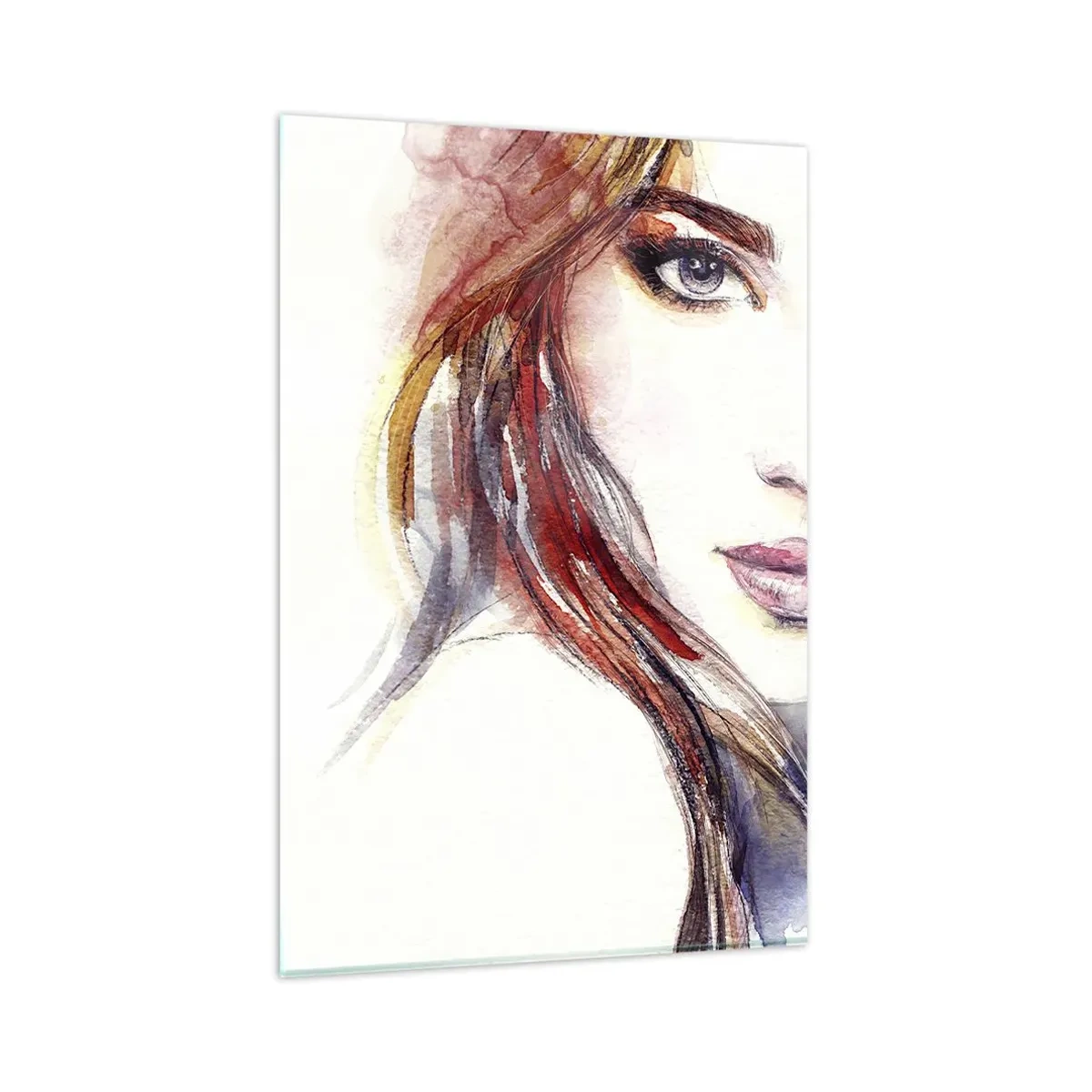 Cuadro sobre vidrio - Impresiones sobre Vidrio - Una sutil acuarela del rostro de una mujer con una mirada expresiva. - 80x120cm - Sígueme - Decoración de pared moderna para salón y dormitorio ARTTOR