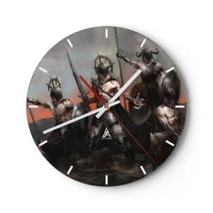 Reloj de pared - Reloj de vidrio - Un grupo de guerreros con armadura, escudos y lanzas en una escena dinámica. - 30x30cm - Escudo con escudo - Decoración de pared moderna para salón, cocina y dormitorio ARTTOR