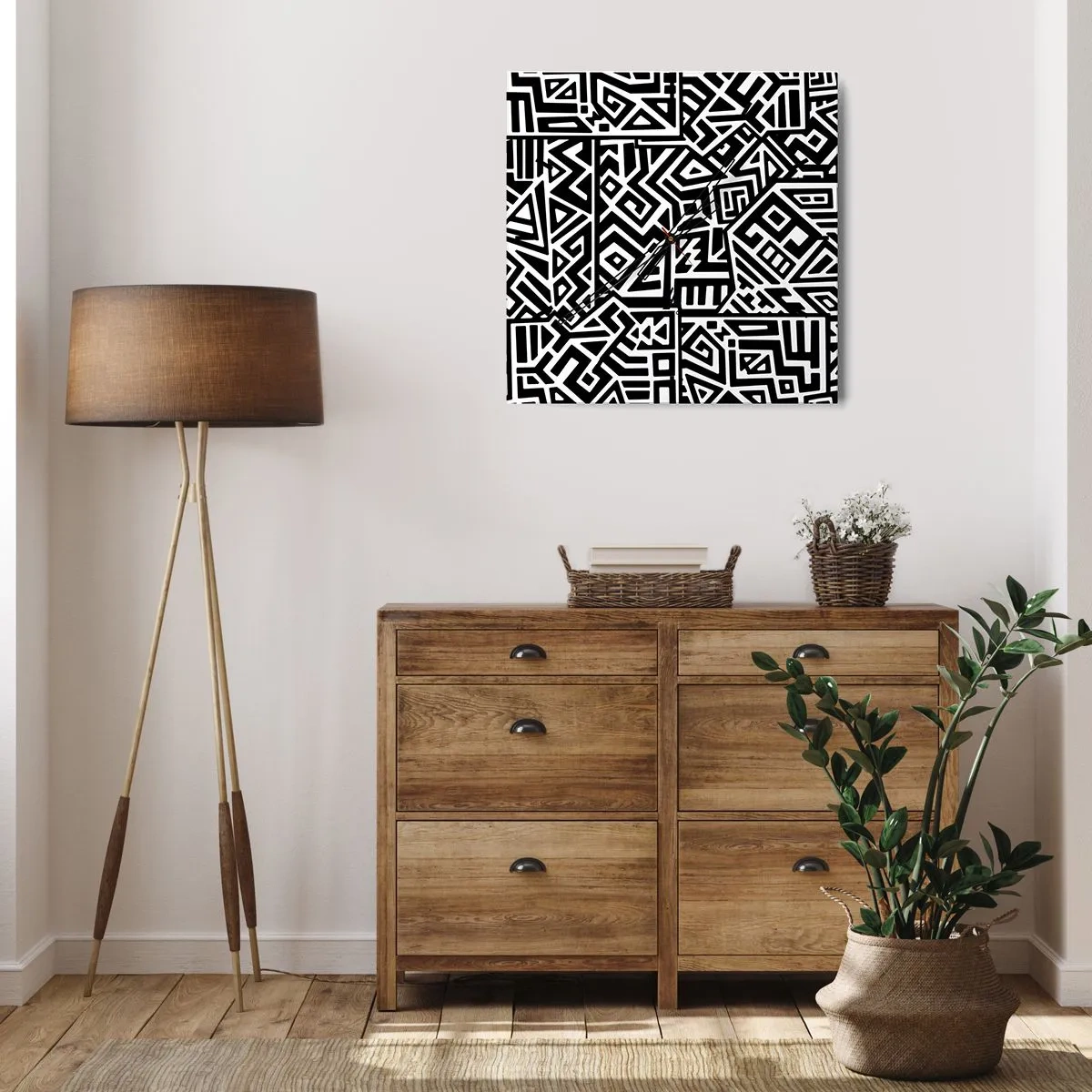 Reloj de pared - Reloj de vidrio - Patrones geométricos en blanco y negro inspirados en la cultura precolombina. - 30x30cm - Composición precolombina - Decoración de pared moderna para salón y dormitorio ARTTOR