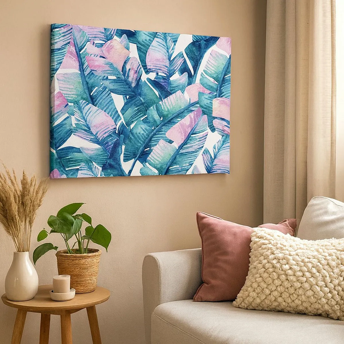 Cuadro sobre lienzo - Impresión de Imagen - Hojas de plátano en tonos azules y rosas. - 70x50cm - En una plantación de plátanos - Decoración de pared moderna para salón y dormitorio ARTTOR