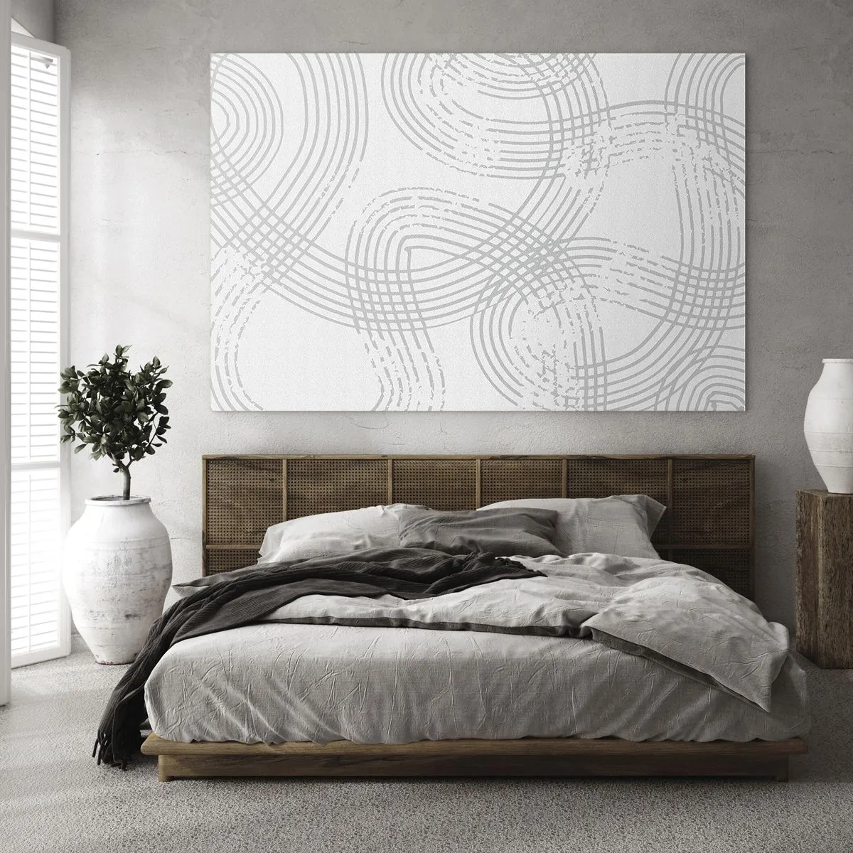 Cuadro sobre vidrio - Impresiones sobre Vidrio - Líneas curvas abstractas en tonos de gris sobre blanco. - 70x50cm - No hay camino recto - Decoración de pared moderna para salón y dormitorio ARTTOR