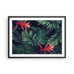 Póster en marco negro - Hojas y flores tropicales sobre un fondo oscuro. - 70x50cm - Encender el color verde - Decoración de pared moderna para salón y dormitorio ARTTOR