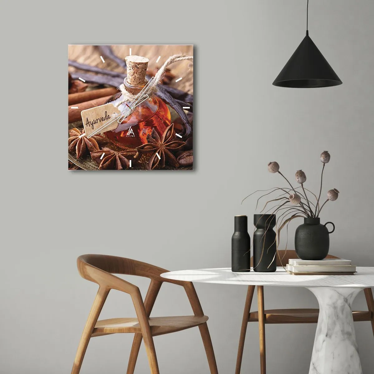 Reloj de pared - Reloj de vidrio - Una botella de aceite de especias en una bandeja. - 30x30cm - Hacia la unidad del cuerpo y el espíritu - Decoración de pared moderna para salón y dormitorio ARTTOR