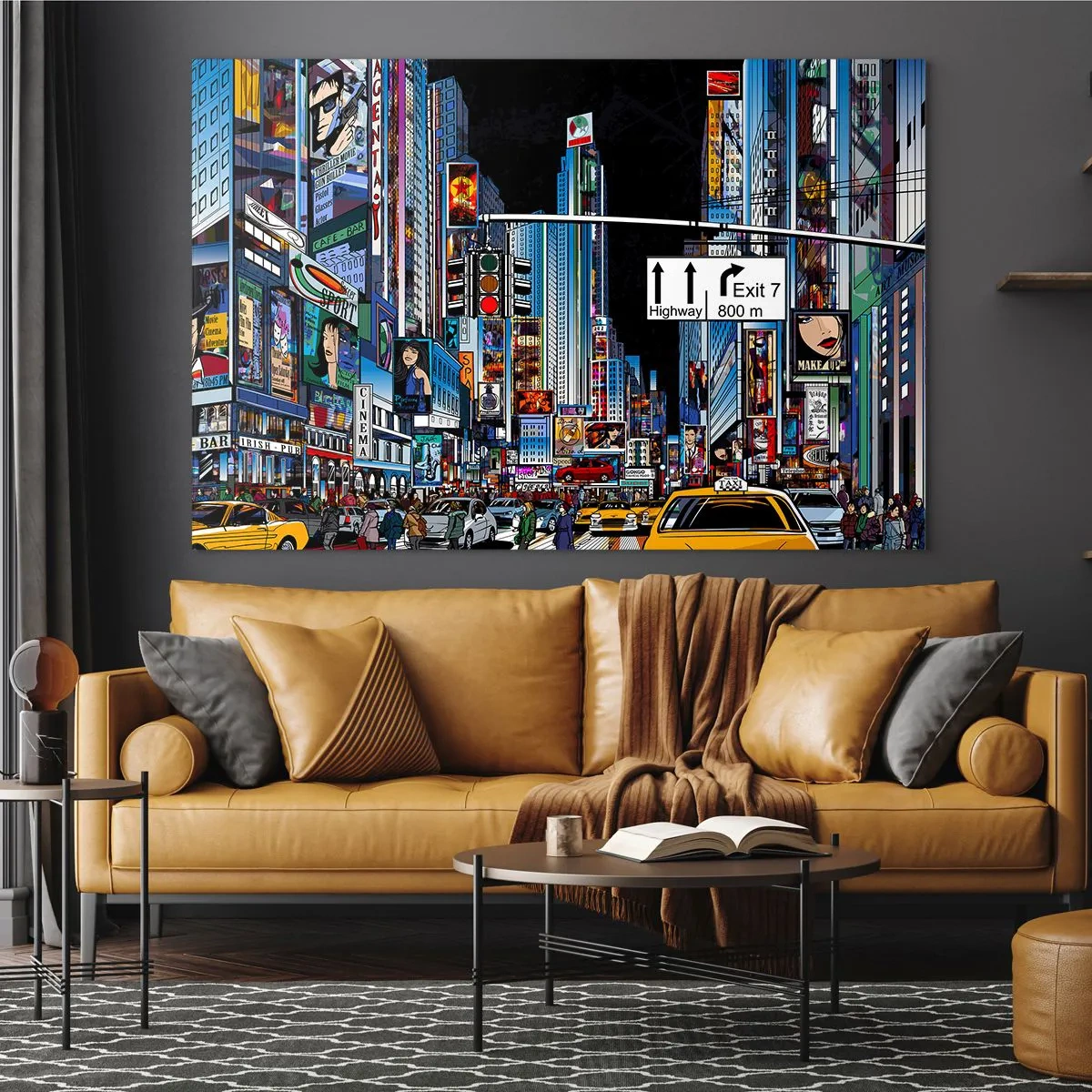 Cuadro sobre vidrio - Impresiones sobre Vidrio - Una calle concurrida con taxis amarillos y letreros de neón. - 120x80cm - Noche de cómic - Decoración de pared moderna para salón y dormitorio ARTTOR