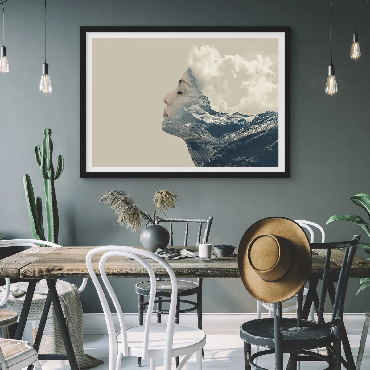 Póster en marco negro - Silueta de una mujer con un paisaje montañoso al fondo - 70x50cm - La belleza de los elementos - Decoración de pared moderna para salón y dormitorio ARTTOR