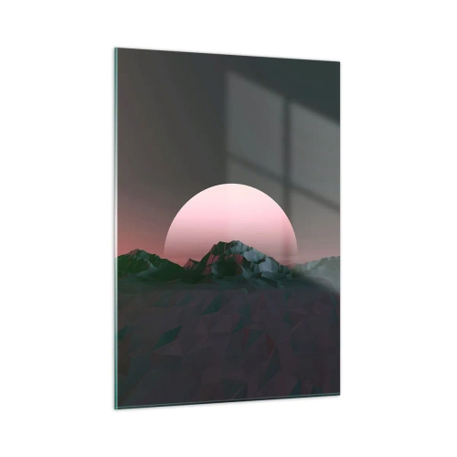 Cuadro sobre vidrio - Impresiones sobre Vidrio - Paisaje abstracto con montañas geométricas y un sol rosa. - 50x70cm - En una galaxia muy muy lejana - Decoración de pared moderna para salón y dormitorio ARTTOR