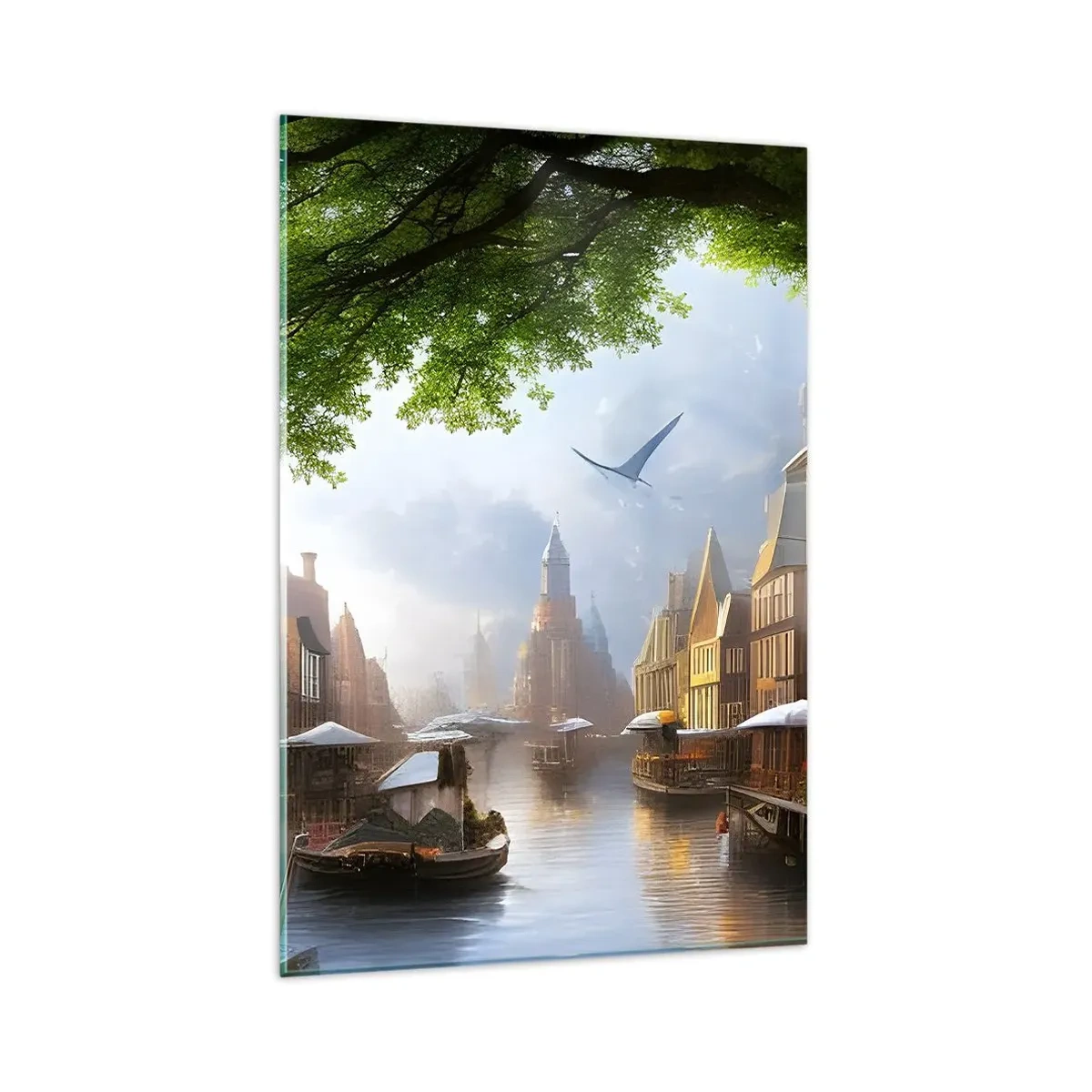 Cuadro sobre vidrio - Impresiones sobre Vidrio - Un pintoresco paisaje holandés con un canal y casas de vecindad. - 80x120cm - Paisaje urbano holandés - Decoración de pared moderna para salón y dormitorio ARTTOR