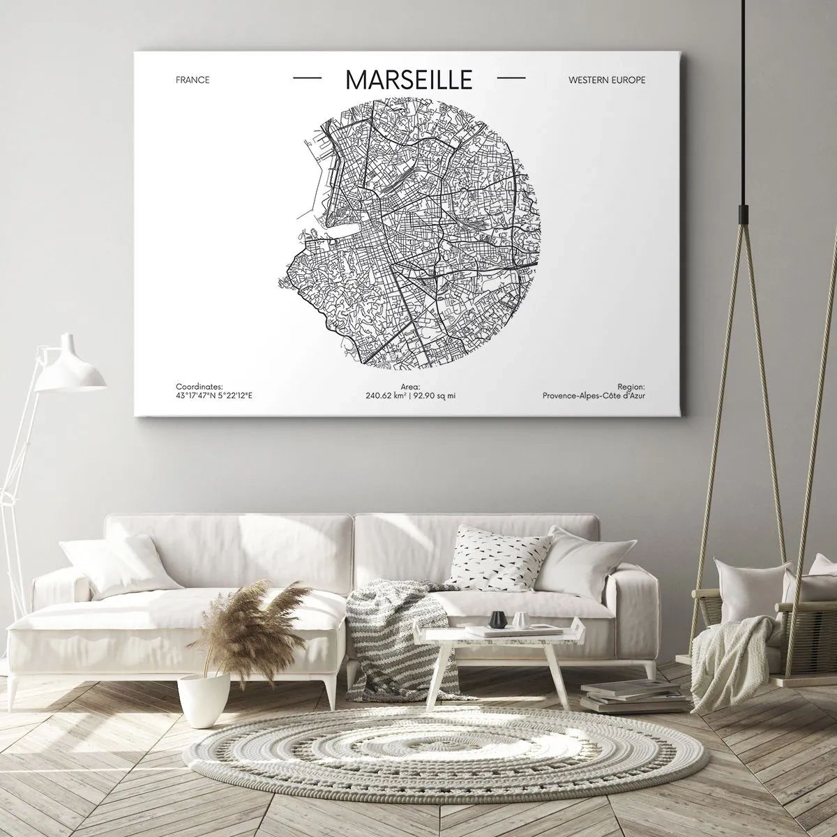 Cuadro sobre lienzo - Impresión de Imagen - Mapa de Marsella en estilo minimalista - 70x50cm - Anatomía de Marsella - Decoración de pared moderna para salón y dormitorio ARTTOR