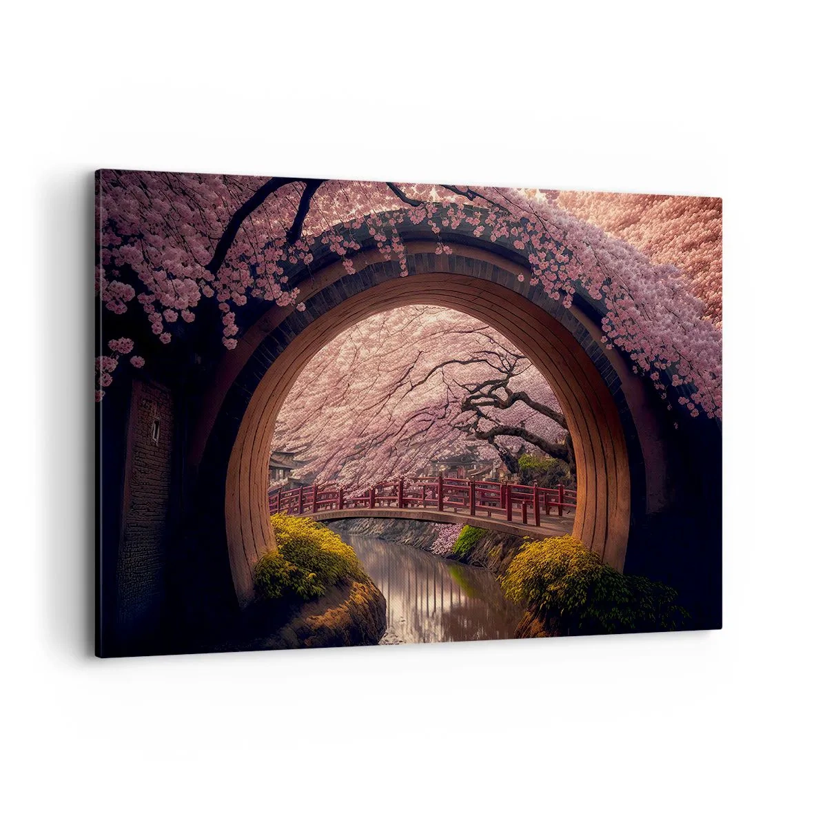 Cuadro sobre lienzo - Impresión de Imagen - Un puente tradicional japonés rodeado de flores de cerezo. - 120x80cm - Primavera japonesa - Decoración de pared moderna para salón y dormitorio ARTTOR