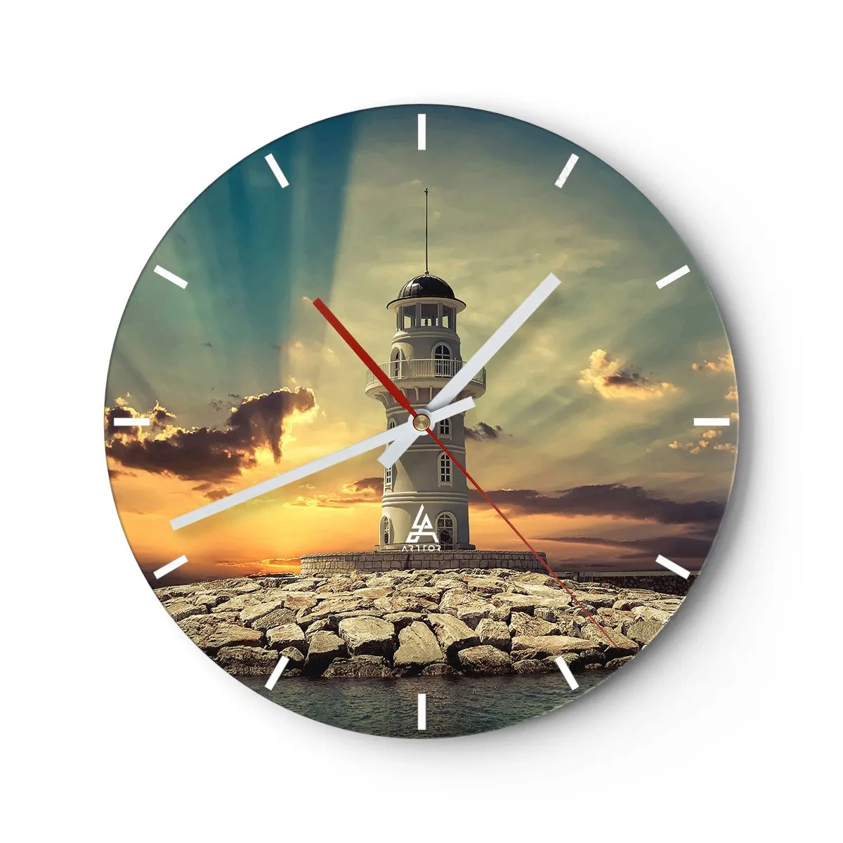 Reloj de pared - Reloj de vidrio - Faro con la puesta de sol como telón de fondo - 30x30cm - Luz - Bondad - Belleza - Decoración de pared moderna para salón, cocina y dormitorio ARTTOR