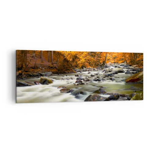 Cuadro sobre lienzo - Impresión de Imagen - Un arroyo en un bosque otoñal rodeado de hojas doradas. - 140x50cm - Un arroyo en un bosque dorado - Decoración de pared moderna para salón y dormitorio ARTTOR
