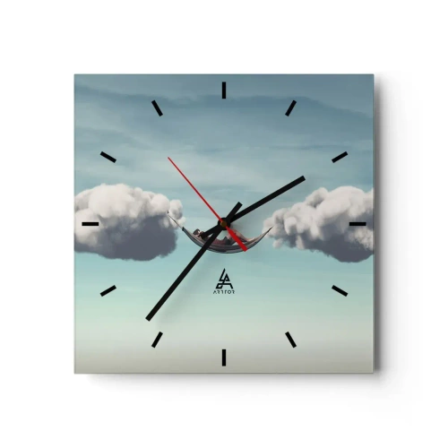 Reloj de pared - Reloj de vidrio - Una persona relajándose en una hamaca suspendida en las nubes. - 30x30cm - La felicidad del momento - Decoración de pared moderna para salón y dormitorio ARTTOR
