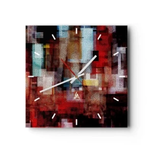 Reloj de pared - Reloj de vidrio - Abstracción geométrica en intensos tonos rojos. - 30x30cm - Confusión y desconcierto - Decoración de pared moderna para salón y dormitorio ARTTOR