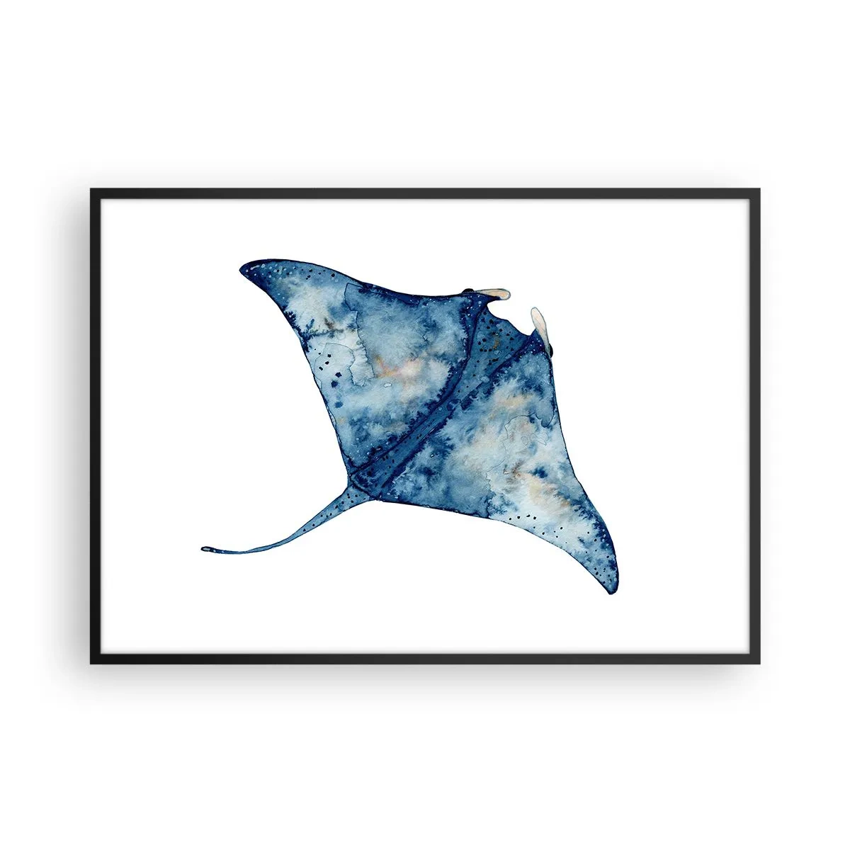 Póster en marco negro - Raya azul en estilo acuarela sobre fondo blanco - 100x70cm - La vida en azul - Decoración de pared moderna para salón y dormitorio ARTTOR