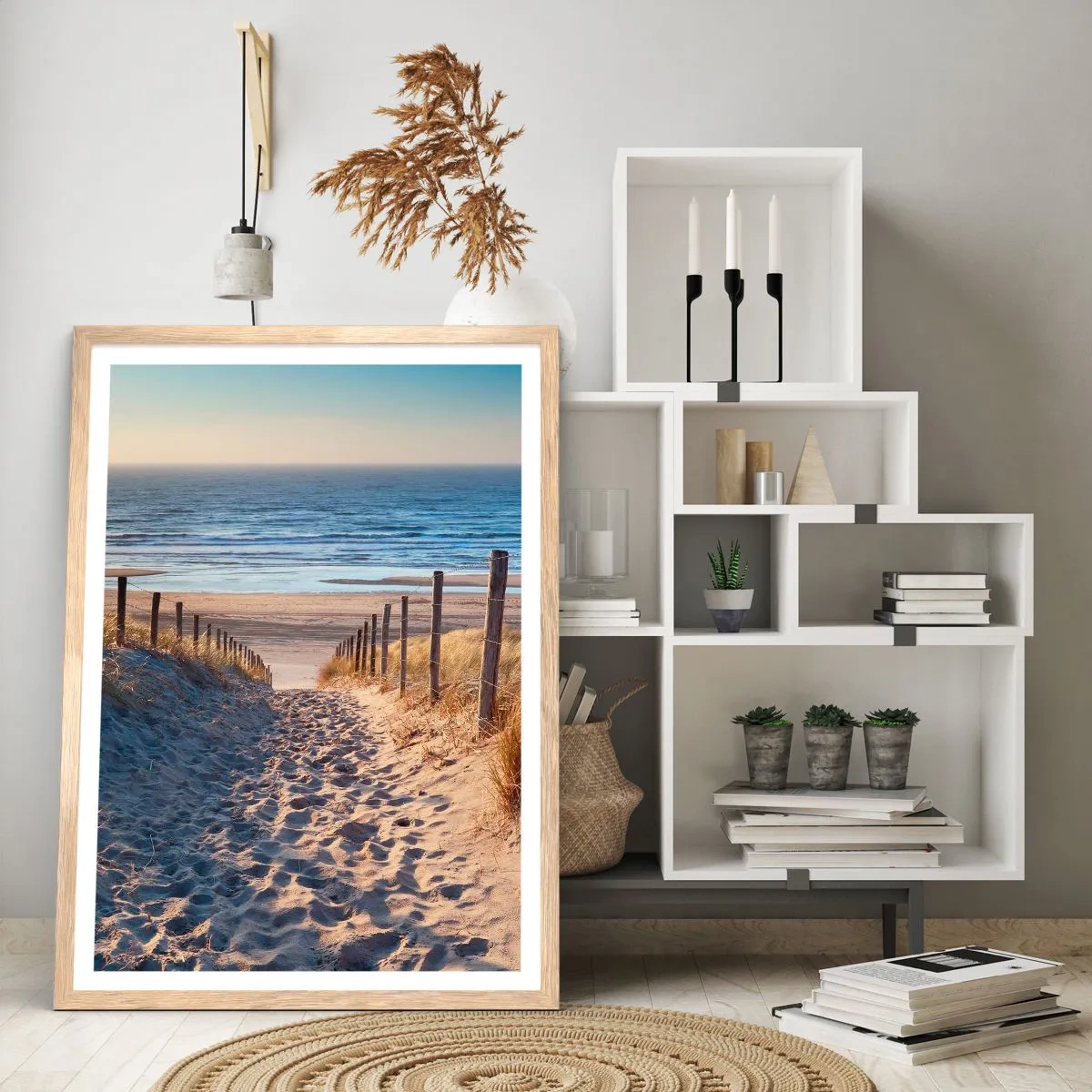 Póster en marco roble claro - El sonido del mar, el canto de los pájaros, una playa virgen entre las dunas... - 40x50 cm