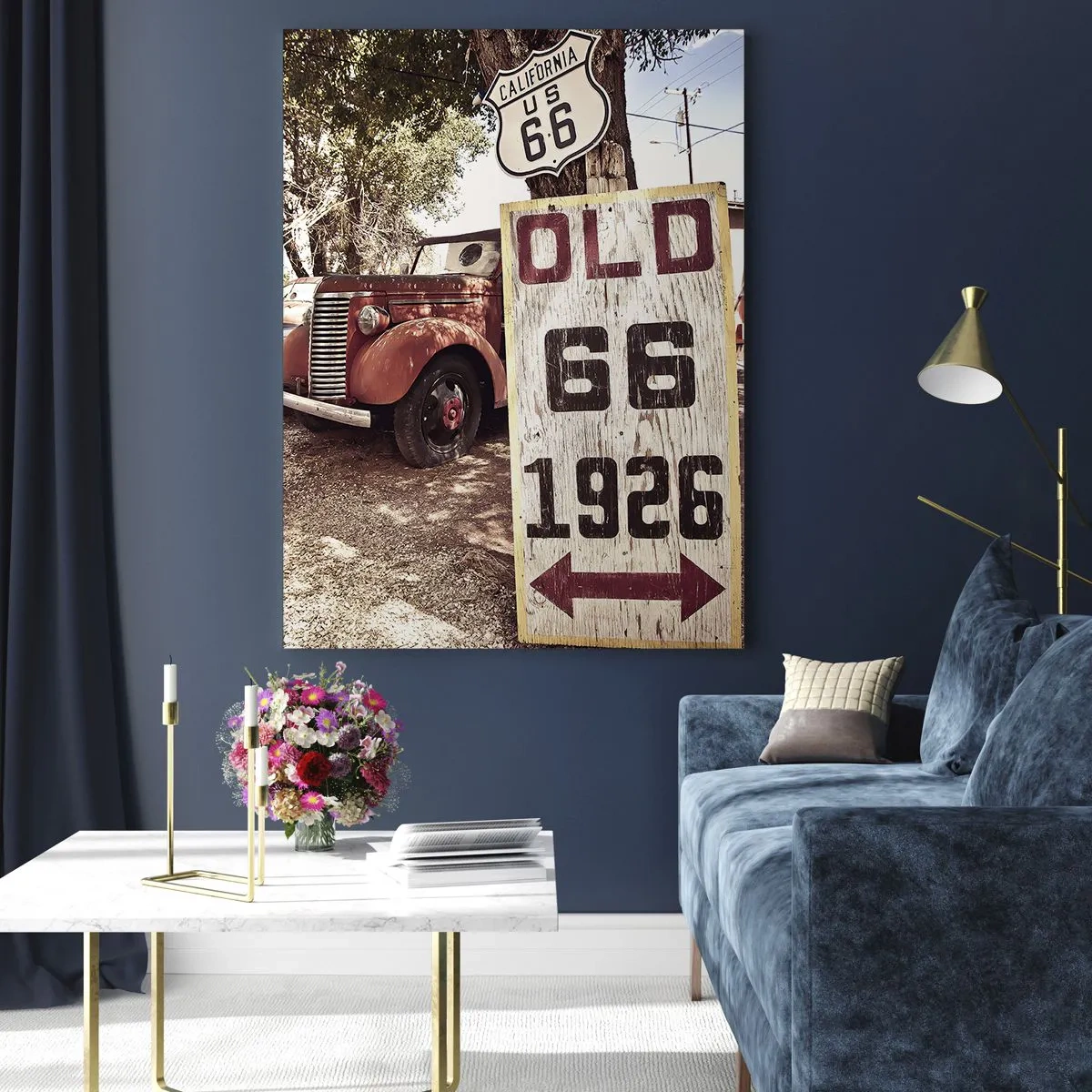 Cuadro sobre vidrio - Impresiones sobre Vidrio - Letrero antiguo y retro de la Ruta 66 - 50x70cm - Una leyenda de la América profunda - Decoración de pared moderna para salón y dormitorio ARTTOR