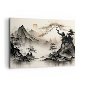 Cuadro sobre lienzo - Impresión de Imagen - Un paisaje oriental con montañas y una pagoda en tonos delicados. - 120x80cm - El encanto único de Oriente - Decoración de pared moderna para salón y dormitorio ARTTOR