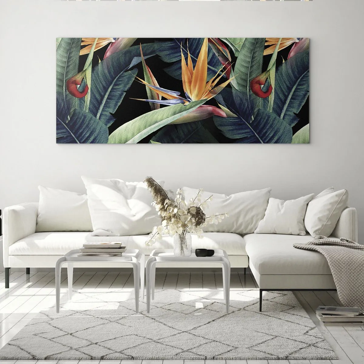 Cuadro sobre vidrio - Impresiones sobre Vidrio - Flores y hojas tropicales sobre fondo negro. - 160x50cm - Flores de llamas de los trópicos - Decoración de pared moderna para salón y dormitorio ARTTOR