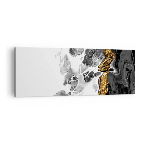 Cuadro sobre lienzo - Impresión de Imagen - Una composición abstracta con acentos dorados y negros. - 140x50cm - Composición orgánica - Decoración de pared moderna para salón y dormitorio ARTTOR