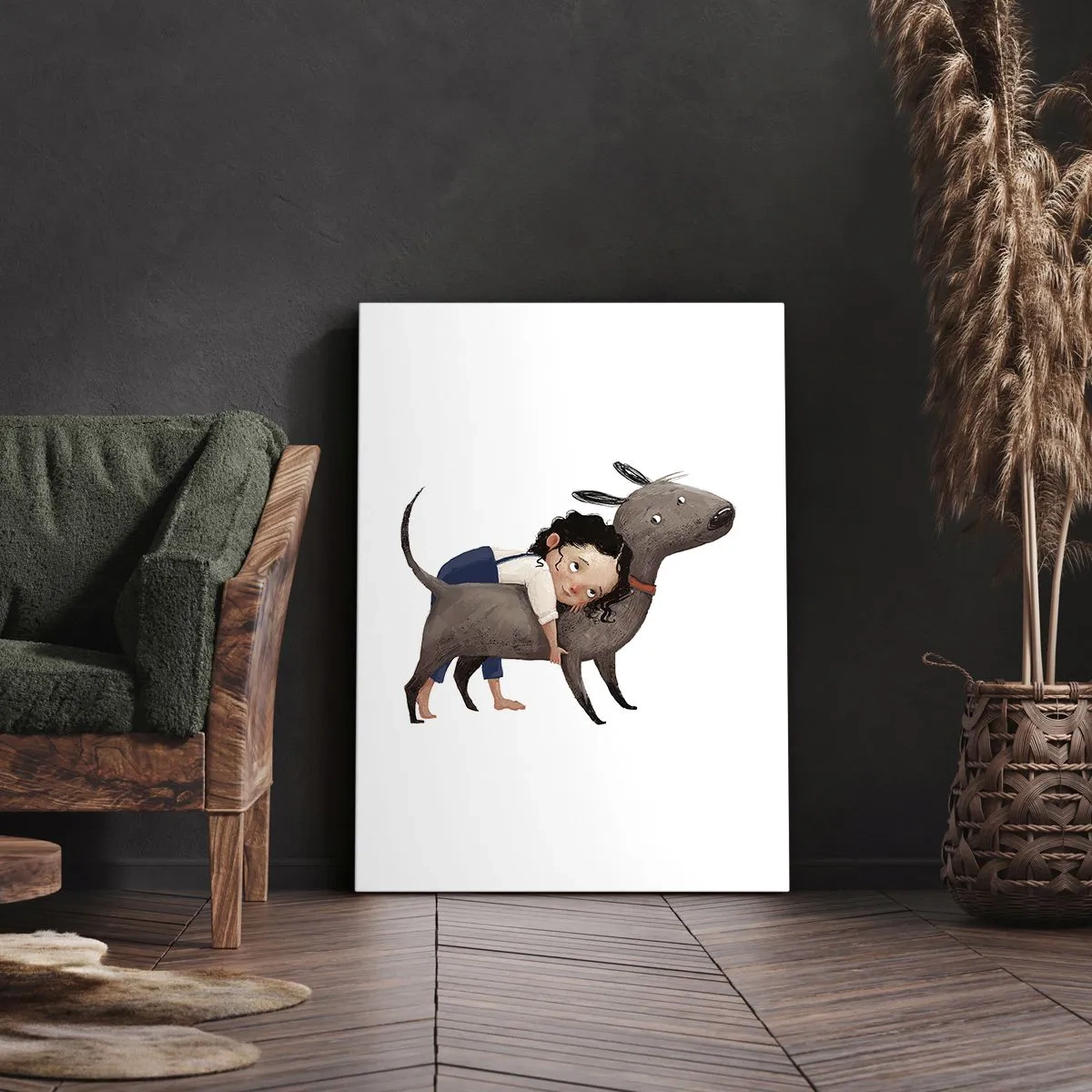 Cuadro sobre lienzo - Impresión de Imagen - Ilustración de estilo de dibujos animados de un niño abrazando a un perro. - 50x70cm - Mejores amigos - Decoración de pared moderna para salón y dormitorio ARTTOR