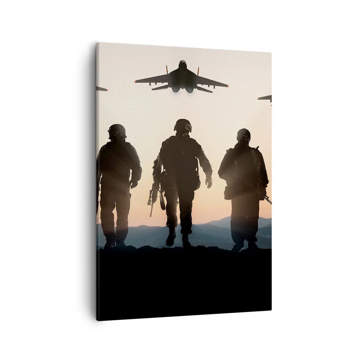 Cuadro sobre lienzo - Impresión de Imagen - Siluetas de soldados y aviones de combate contra el fondo del atardecer. - 50x70cm - Bienvenido a nuestro mundo - Decoración de pared moderna para salón y dormitorio ARTTOR
