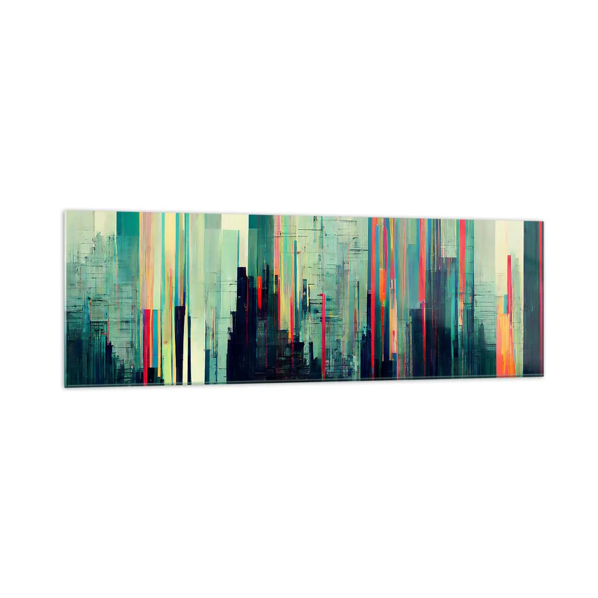 Cuadro sobre vidrio - Impresiones sobre Vidrio - Abstracción con líneas verticales y un horizonte de ciudad. - 160x50cm - Ciudad futurista - Decoración de pared moderna para salón y dormitorio ARTTOR