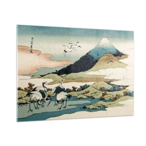 Cuadro sobre vidrio - Impresiones sobre Vidrio - Una pintura de pájaros en un paisaje japonés con vistas al monte Fuji. - 100x70cm - Alma japonesa - Decoración de pared moderna para salón y dormitorio ARTTOR
