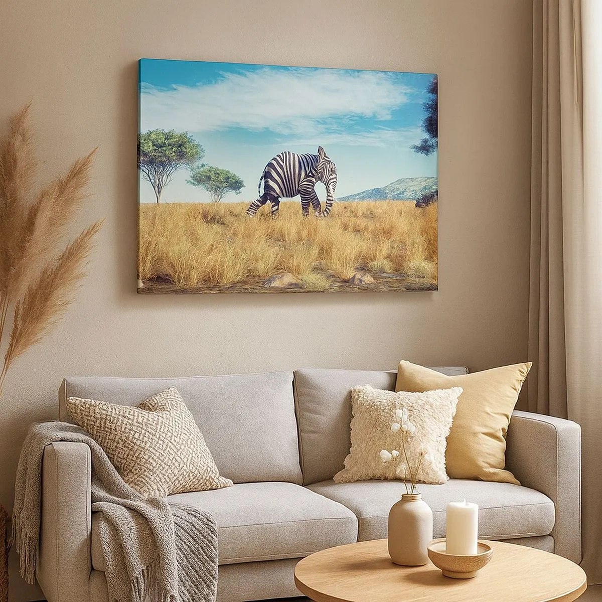 Cuadro sobre lienzo - Impresión de Imagen - Cebra en un paisaje africano - 70x50cm - El gris ya no está de moda - Decoración de pared moderna para salón y dormitorio ARTTOR