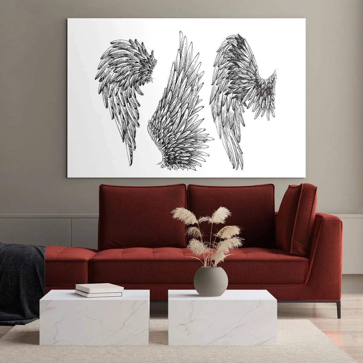 Cuadro sobre vidrio - Impresiones sobre Vidrio - Alas de ángel en gráficos artísticos en blanco y negro. - 70x50cm - Y puedes convertirte en un ángel - Decoración de pared moderna para salón y dormitorio ARTTOR