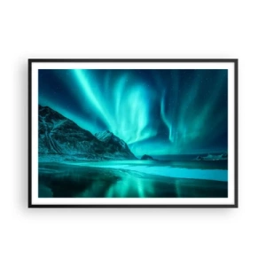 Póster en marco negro - Aurora boreal sobre un paisaje invernal montañoso - 100x70cm - Maravillas del norte - Decoración de pared moderna para salón y dormitorio ARTTOR