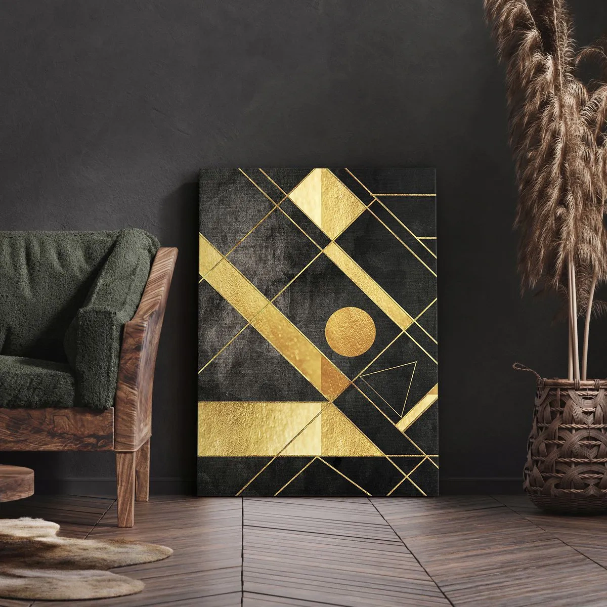 Cuadro sobre lienzo - Impresión de Imagen - Formas geométricas en tonos dorados y negros. - 50x70cm - Sol del desierto - Decoración de pared moderna para salón y dormitorio ARTTOR