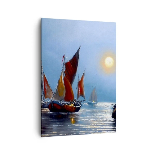 Cuadro sobre lienzo - Impresión de Imagen - Barcos con velas en aguas tranquilas al atardecer - 50x70cm - Pesca nocturna - Decoración de pared moderna para salón y dormitorio ARTTOR