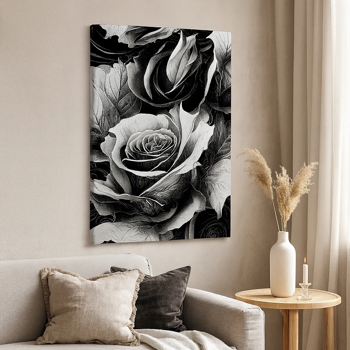 Cuadro sobre lienzo - Impresión de Imagen - Rosas blancas y negras en una elegante composición. - 50x70cm - Siempre como una reina - Decoración de pared moderna para salón y dormitorio ARTTOR