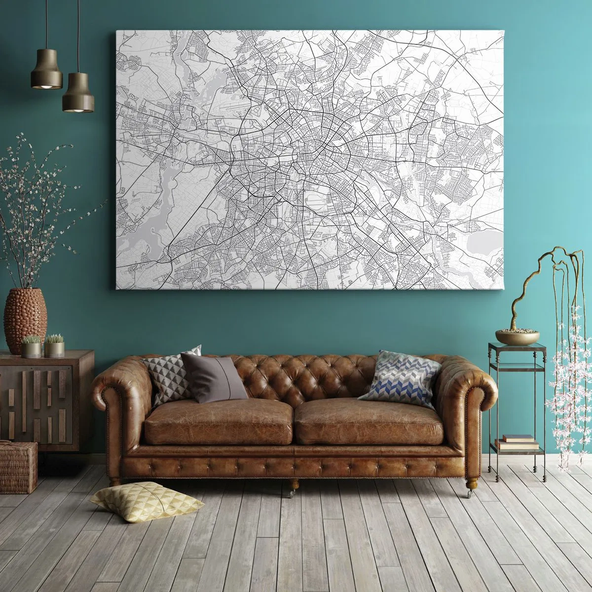 Cuadro sobre lienzo - Impresión de Imagen - Mapa detallado de la ciudad en blanco y negro - 70x50cm - Flor de Berlín - Decoración de pared moderna para salón y dormitorio ARTTOR
