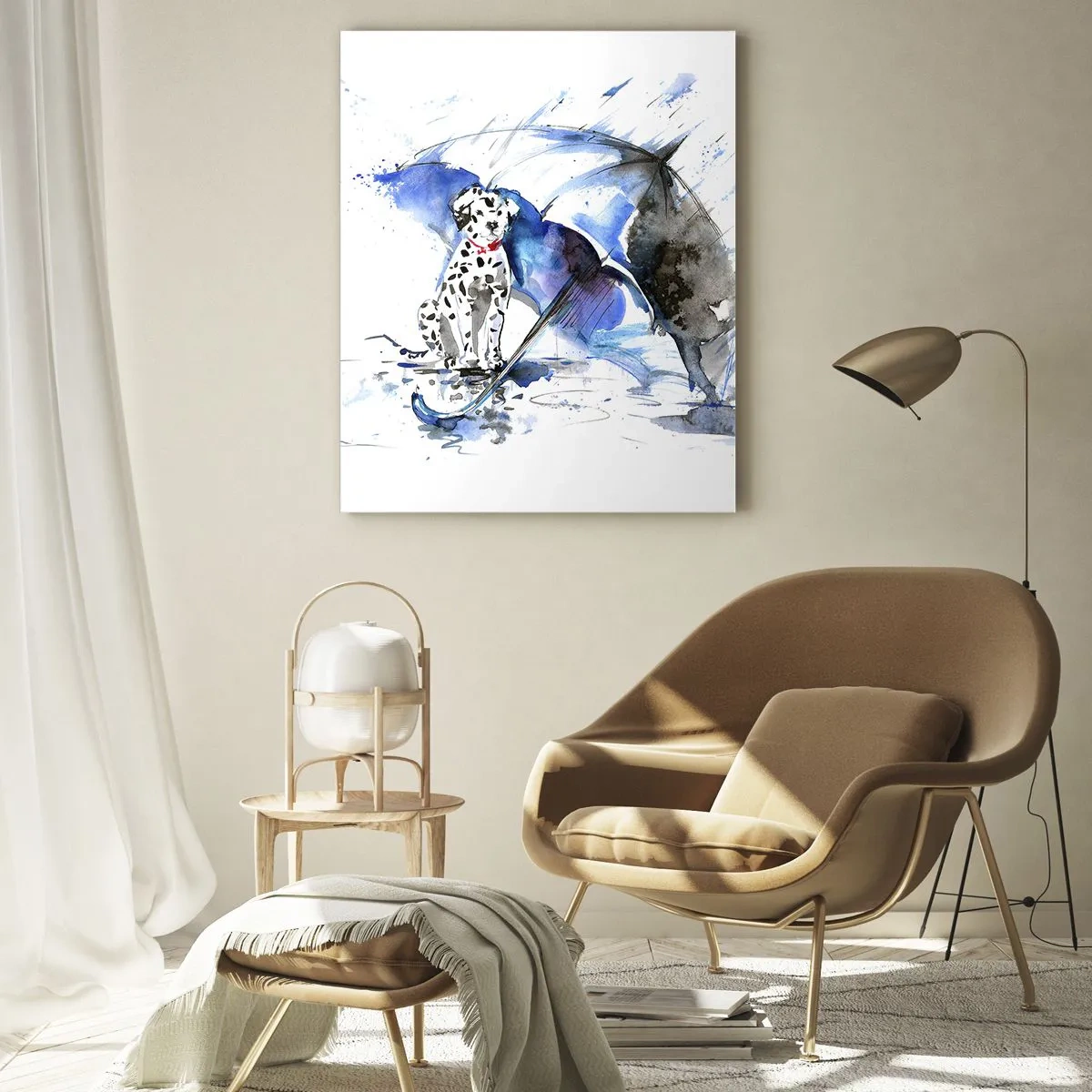Cuadro sobre vidrio - Impresiones sobre Vidrio - Dálmata con paraguas en un entorno lluvioso - 50x70cm - Para eso está un amigo - Decoración de pared moderna para salón y dormitorio ARTTOR