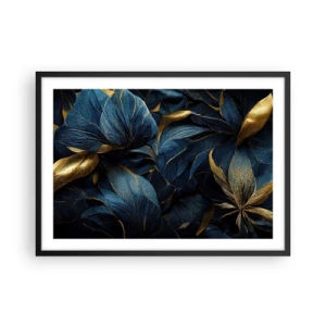 Póster en marco negro - Hojas elegantes en tonos dorados y azul marino. - 70x50cm - Forradas de oro - Decoración de pared moderna para salón y dormitorio ARTTOR