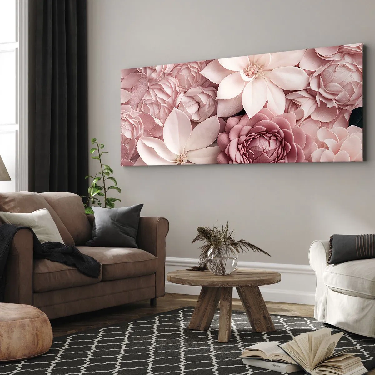 Cuadro sobre lienzo - Impresión de Imagen - Flores en tonos rosa y blanco en un enfoque artístico. - 140x50cm - Entre pétalos rosas - Decoración de pared moderna para salón y dormitorio ARTTOR