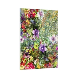 Cuadro sobre vidrio - Impresiones sobre Vidrio - Un arreglo floral colorido sobre un fondo verde. - 80x120cm - En flores a la perdición - Decoración de pared moderna para salón y dormitorio ARTTOR