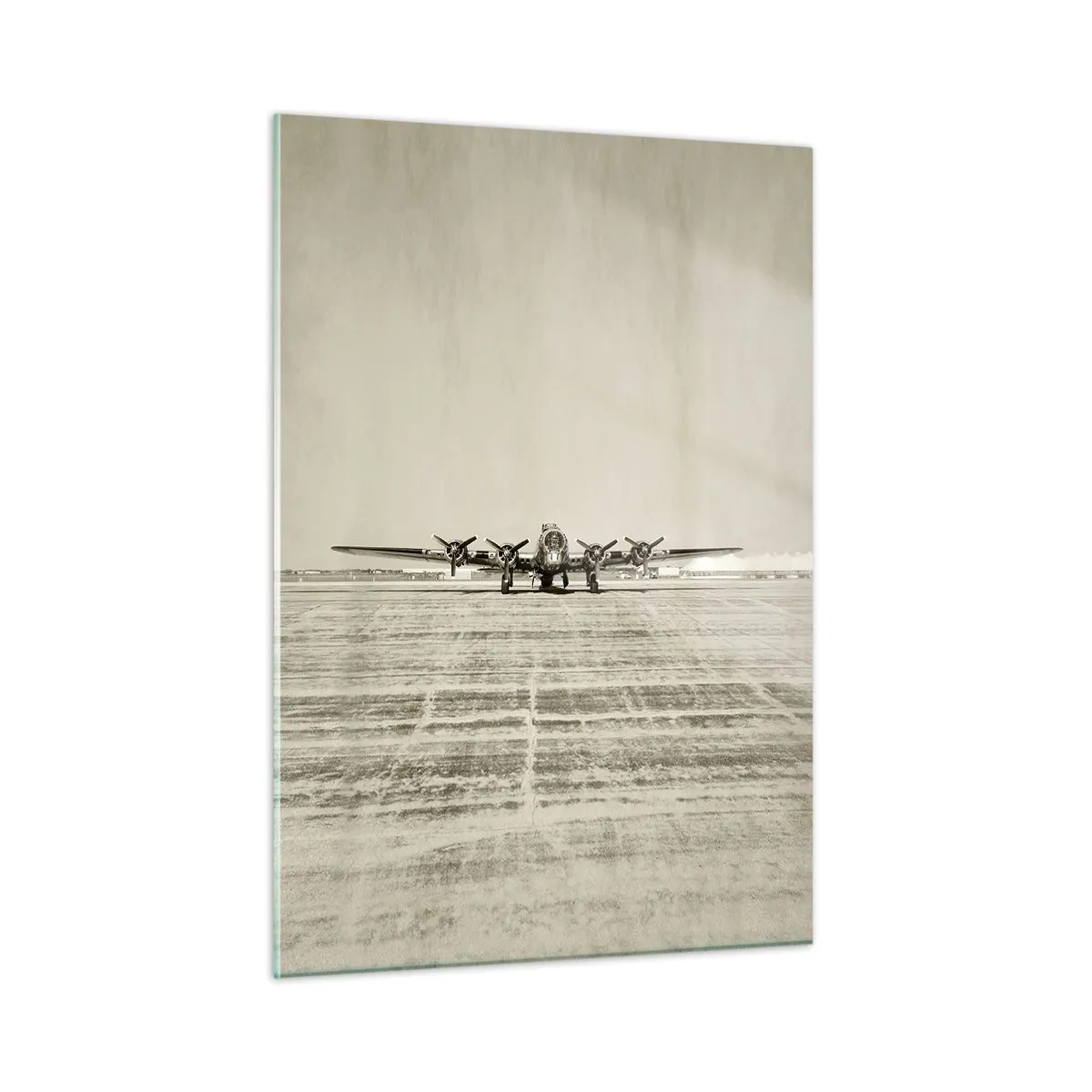 Cuadro sobre vidrio - Impresiones sobre Vidrio - Avión histórico en el aeropuerto en estilo sepia. - 50x70cm - Como siempre, preparado - Decoración de pared moderna para salón y dormitorio ARTTOR