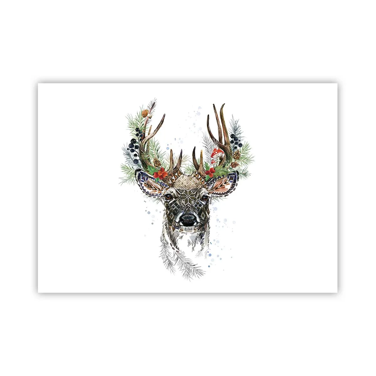 Póster - Ciervo estilizado con astas decorativas sobre un fondo blanco. - 100x70cm - Con vestimenta festiva - Decoración de pared moderna para salón y dormitorio ARTTOR