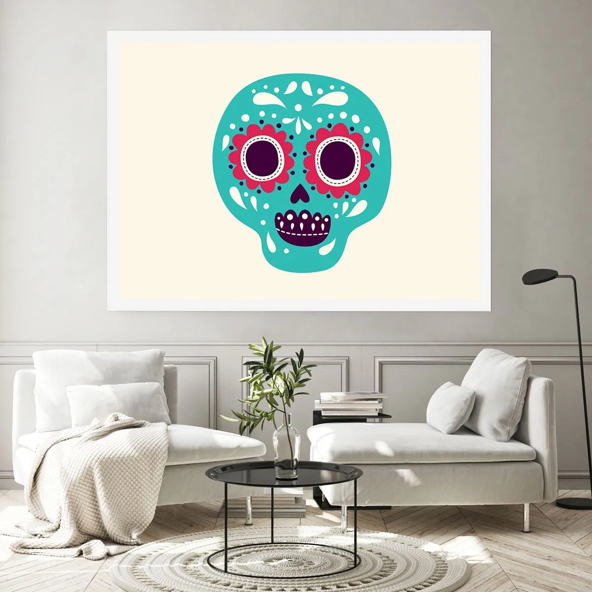 Póster - Una calavera de azúcar turquesa y morada inspirada en la cultura mexicana. - 100x70cm - La vida: diversión hasta la muerte - Decoración de pared moderna para salón y dormitorio ARTTOR